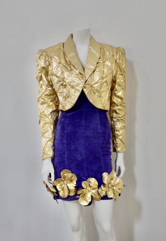 80s Purple Suede Stapless Dress/ Gold Lame Jacket… - image 5