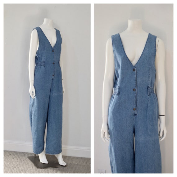 1990s Sleeveless Denim Jumpsuit/ 90s does 70s Jean