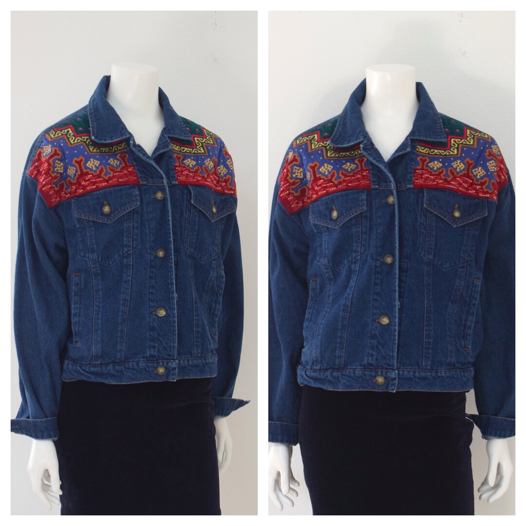 Embroidered Inset Denim Jacket/ 90s Tribal Jean Jacket/ Ropa/ - Etsy