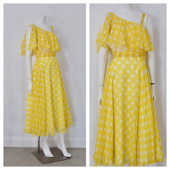 70s Ruffle Midi Dress/ Yellow Polka Dot French Gi… - image 1