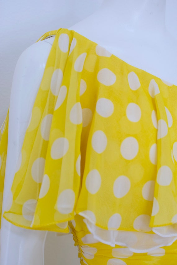 70s Ruffle Midi Dress/ Yellow Polka Dot French Gi… - image 4