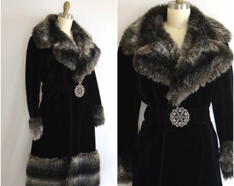 1960s Faux Fur Coat with Contrasting Fur Trim/ Mod Belted Super Caress Coat/ Womens Size Medium