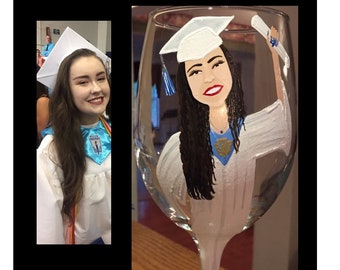Custom Graduation Wine Glass, College Graduation, Painted Caricature Graduation
