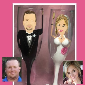 Bride Groom Painted People Portrait Toasting Glasses Caricature Wedding Glasses