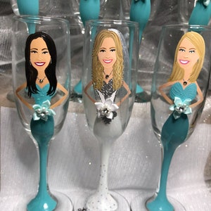 HOT DEAL! Bridesmaid Caricature Champagne Glass Portrait bachelorette party bridal shower wedding party gifts
