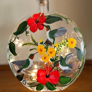 Hummingbird, painted hummingbirds, led lighted bottle, painted bottle, beautiful hummingbirds, morning glories,house warming gift bird lover