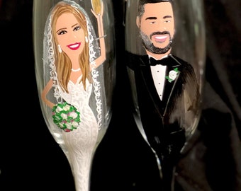 Wedding toasting glasses, Portrait Bride and Groom set Bridal shower gift Wedding gift , people portrait wedding glasses