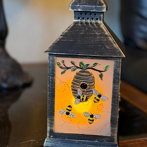 Hand Painted Bee Hive, battery lantern, honey bee lighted lantern,  3D bees, beekeeper, bee lover gift, honey bees, bee lover, beekeeper