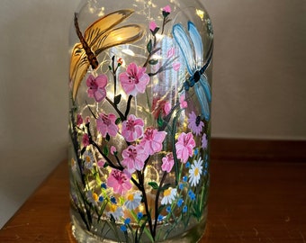 Dragon fly, painted dragon flies, bottle with with lights, beautiful wild flowers, hand painted glass bottle, dragonfly art