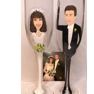 Anniversary flutes, portrait anniversary, People Portrait champagne birthday anniversary wedding Painted Caricature champagne glasses