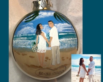 Beach Wedding Christmas Ornament, beach Custom Wedding Ornament, Painted Wedding Bulb Anniversary Engagement