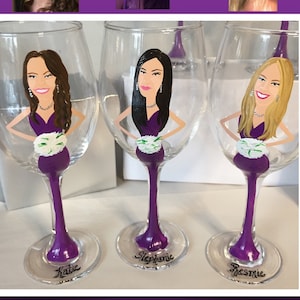 Bridesmaid painted on champagne glass, Painted portrait, Proposal Will you be my Bridesmaid? Painted Caricature Wedding Wine Glasses
