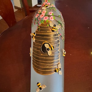 Honey bee hive painted on lighted wine bottle with 3D bees, beekeeper gift, honey bees, bee lover, painted bottle lights, bee gifts