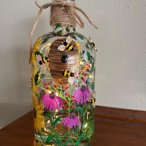 Beehive bottle light with 3D bees  and wild flowers, honeybees, bee lamp, beekeeper gift, honey bees, bee lover, painted bottle lights