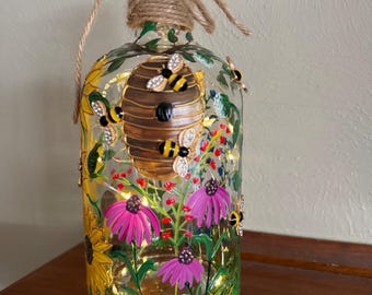 Beehive bottle light with 3D bees  and wild flowers, honeybees, bee lamp, beekeeper gift, honey bees, bee lover, painted bottle lights