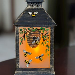 Honey Bee lantern, Bee lover gift, Beekeeper, hand painted bee hive, bee accent lamp, Honey bees, bee lover gift, bee lantern accent light