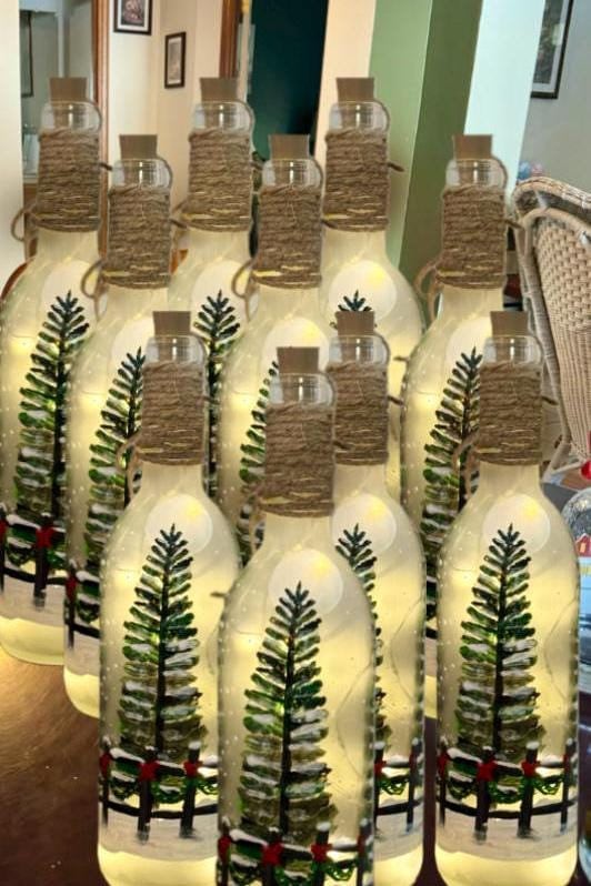 Battery Powered hand painted bottles Christmas wedding, Pine trees, snow, Wedding Centerpiece Decor, Lighted Centerpiece, Wine Bottle Lights