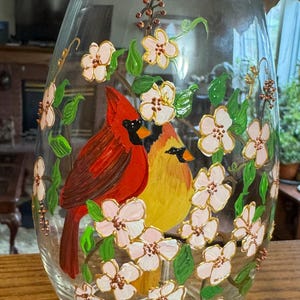 Flower Vase, Cardinals and cherry blossoms, flower vase, accented with  gold filigree, wedding gift, bridal shower, house warming,paint vase
