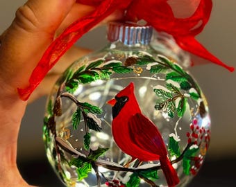 Beautiful Christmas cardinal ornament, birch trees, cardinal hand painted on glass ornament illuminated fairy lights, cardinal ornament,