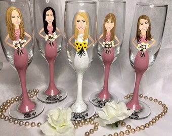 Custom champagne glasses Bridal shower Bridesmaid gifts Bachelorette party Wedding party gifts Bridesmaid portraits Personalized Hand paint