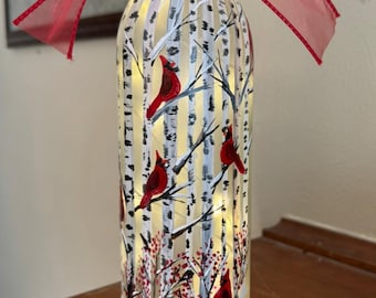 Beautiful painted cardinals, red cardinal birch trees, wine bottle with fairy lights, Christmas cardinal, painted cardinal memorial