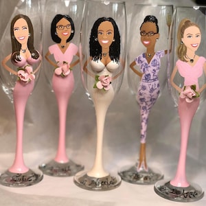 Custom Portrait Bridesmaid Champagne glasses, Painted Bridesmaid, Personalized wedding glasses, Portrait bridesmaid glasses, BACHELORETTE