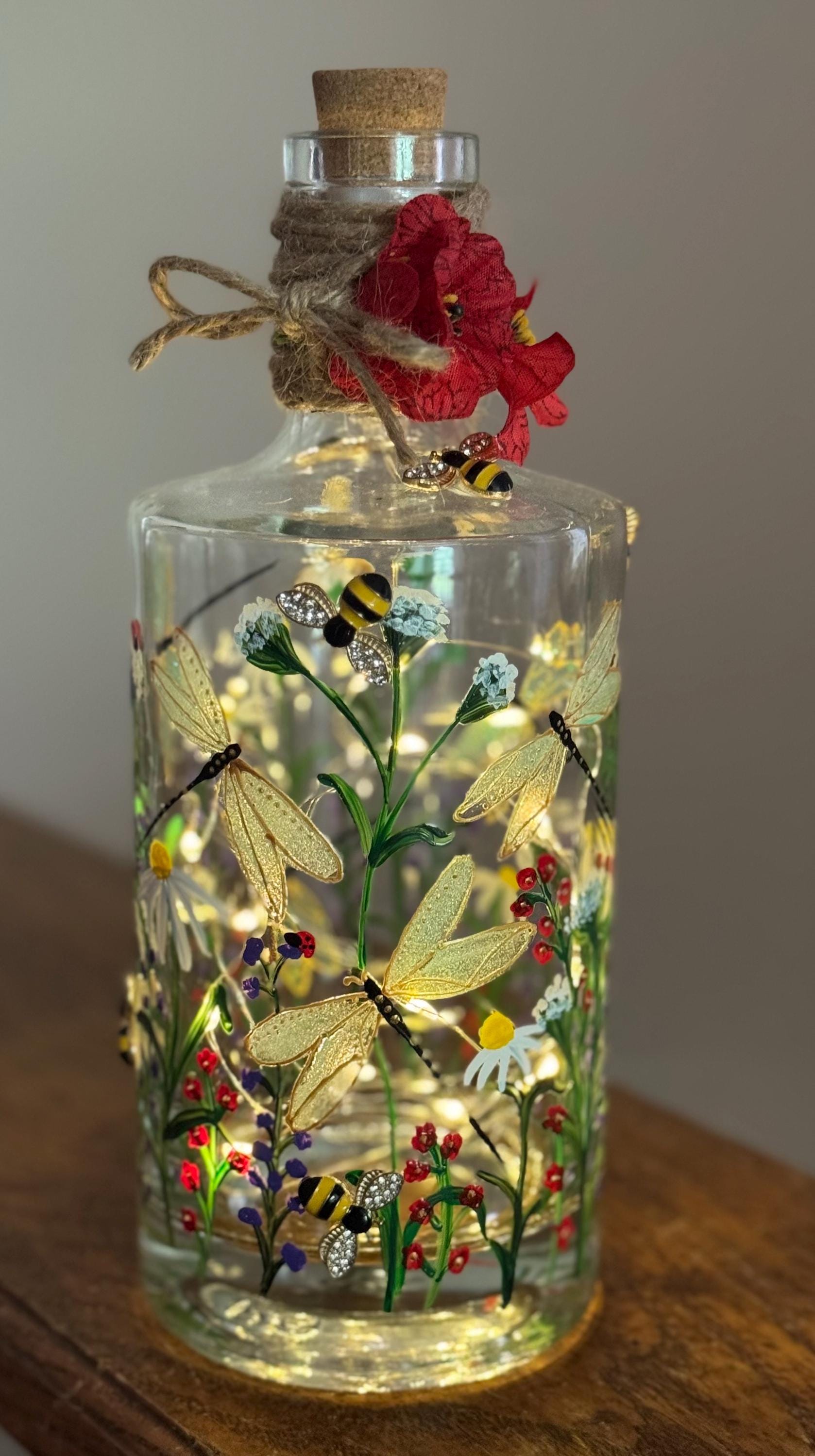 Dragonfly Bottle light,  dragonflies, painted dragonflies  on glass bottle with fairy lights, wild flowers, hand painted dragonflies