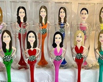 Portrait Champagne Glass, Bridesmaid Caricature, personalized Wedding Glasses, Painted wedding party glasses, bridal shower wedding gifts