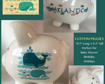 Personalized piggy bank, custom painted piggy bank, baby nursery, child gift, baby shower gift, child room decor, baby nursery piggy bank