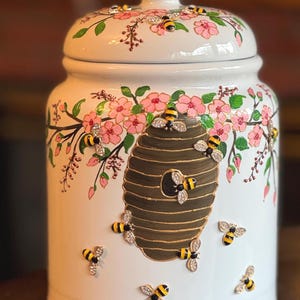 Cookie jar, Beehive Cookie Jar, Honey bee cookie jar, Painted cherry blossoms beehive, Honey bees cherry blossom Cookie container