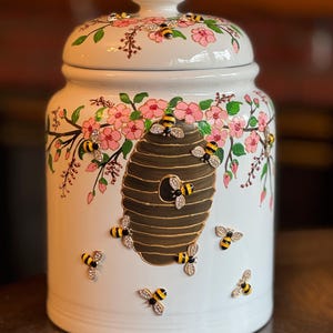 Beehive Cookie Jar, Honey bee cookie jar, Painted honey bees on ceramic cookie jar, Honey bees and cherry blossom Cookie container,beekeeper