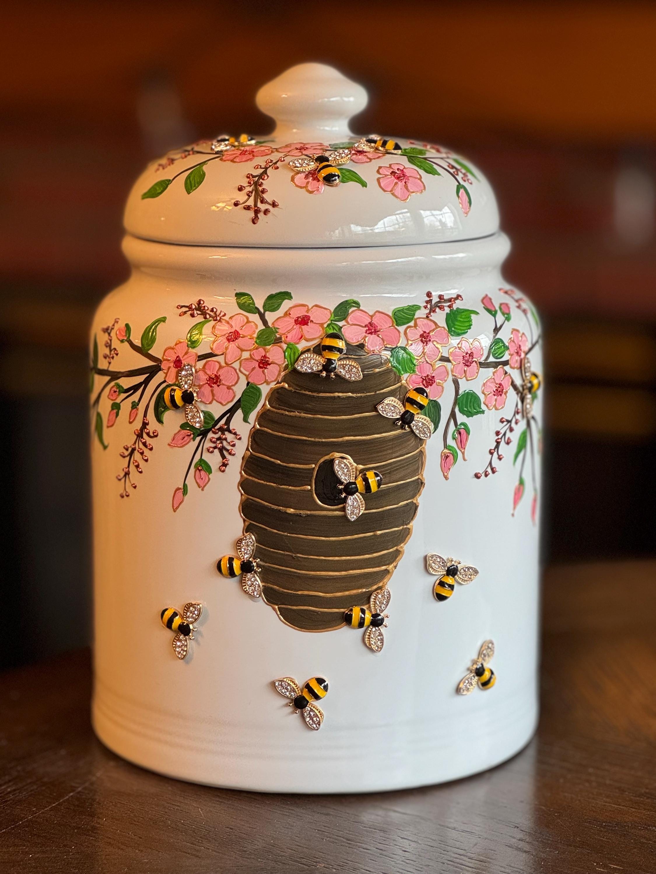Beehive Cookie Jar, Honey bee cookie jar, Painted honey bees on ceramic cookie jar, Honey bees and cherry blossom Cookie container,beekeeper