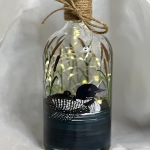 Hand Painted bottle, Lighted bottle, Loon hand painted, loon, Adirondack loon, painted loons on glass bottle