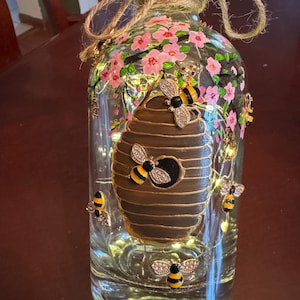 Honey bee hive painted on lighted bottle with 3D bees and  wild flowers, Mother’s Day gift, honey bees, be lover, painted bottle lights