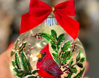 Beautiful Christmas cardinal ornament, cardinals hand painted on glass ornament illuminated with fairy lights, cardinal Christmas ornament,