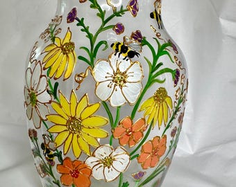 手描きの花瓶 / 花柄のバラ、フリージア、デイジー / ガラスの円筒形 