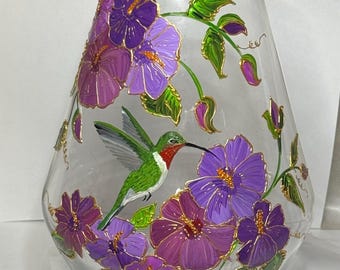 Jarrón, jarrón de colibrí, jarrón de colibrí pintado a mano con flores moradas, regalo para el Día de la Madre, regalo para inauguración de casa, regalo para baby shower, regalo de boda