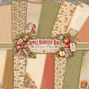 Pode incluir: Uma coleção de 28 papéis de design imprimíveis intitulada Apple Harvest Days, com folhas de 20,32 x 20,32 cm com padrões de maçãs, pomares, xadrez vichy e folhagem em tons de vermelho, verde e bege, decorada com uma etiqueta central de maçãs.