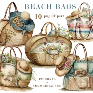Beach Bags Clipart, Summer Bags Illustrations, Watercolor Summer Beach Bags PNG, Instant Download, Commercial Use