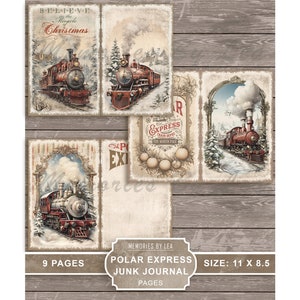 May include: A set of 9 pages for a junk journal featuring vintage illustrations of red steam trains with white smoke against a snowy winter background. The pages are decorated with a red and white striped border and a gold border. The text "Believe in the Miracle of Christmas" is on one page. The text "Polar Express Train Depot The North Pole" is on another page. The pages are 11 inches by 8.5 inches.