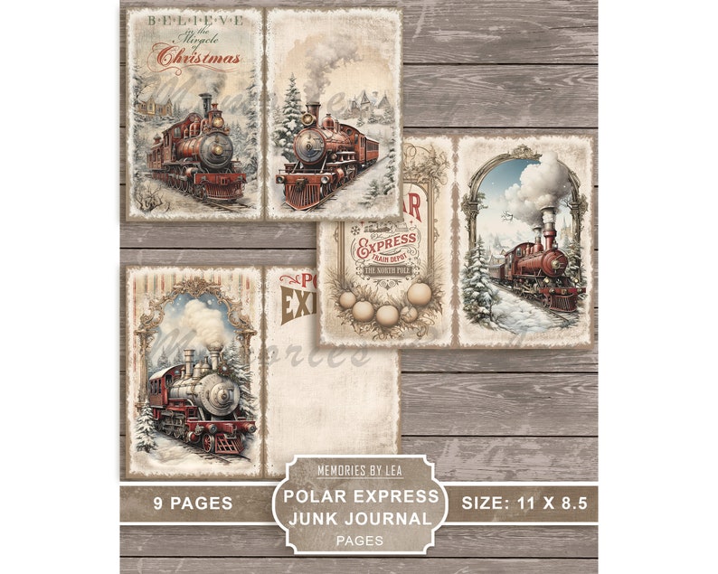 May include: A set of 9 pages for a junk journal featuring vintage illustrations of red steam trains with white smoke against a snowy winter background. The pages are decorated with a red and white striped border and a gold border. The text "Believe in the Miracle of Christmas" is on one page. The text "Polar Express Train Depot The North Pole" is on another page. The pages are 11 inches by 8.5 inches.