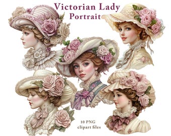 May include: Five digital illustrations of Victorian ladies wearing elaborate hats with pink roses and lace. The ladies are wearing white dresses with lace trim. The background is white.