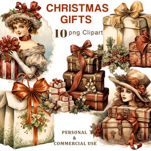 Clipart de regalos de Navidad, ilustración PNG de regalos de Navidad, álbum de recortes, diario basura, efímeras, gráficos de sublimación, uso comercial