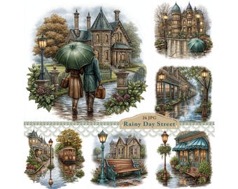 Regnerischer Tag Strasse Clipart, Urban Street Laterne, Digitale JPG Grafik, Junk Journal, City Scrapbooking