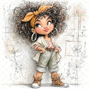 May include: Illustration of a girl with curly hair wearing a yellow headband, hoop earrings, a pink shirt, a cream jacket, grey shorts, and brown boots. The girl stands with hands in pockets, against a sketched background with floral elements.