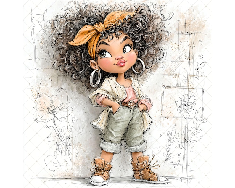 May include: Illustration of a girl with curly hair wearing a yellow headband, hoop earrings, a pink shirt, a cream jacket, grey shorts, and brown boots. The girl stands with hands in pockets, against a sketched background with floral elements.