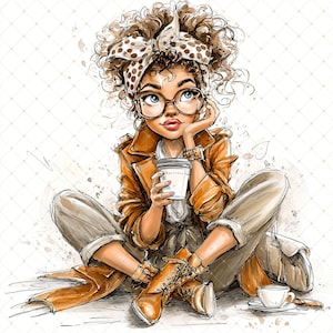 May include: A watercolour illustration of a person with curly hair, wearing glasses, a brown jacket, and tan trousers, holding a coffee cup. The person is sitting cross-legged, with a cup and saucer nearby. The image has a soft, artistic style.