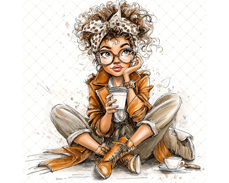 May include: A watercolour illustration of a person with curly hair, wearing glasses, a brown jacket, and tan trousers, holding a coffee cup. The person is sitting cross-legged, with a cup and saucer nearby. The image has a soft, artistic style.