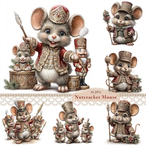 May include: A collection of charming illustrations featuring Nutcracker Mice. Each mouse is dressed in a red and gold uniform, holding various props like a staff or drum. The images have a whimsical, storybook style, perfect for holiday-themed crafts.