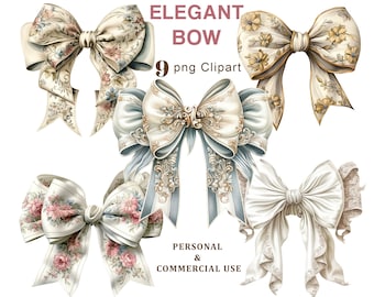 Elegant Bow Clipart, Vintage Wedding Bow PNG Clipart, Floral Shabby Chic Bow Graphics Scrapbooking, Junk Journal, Ephemera, Digital Download